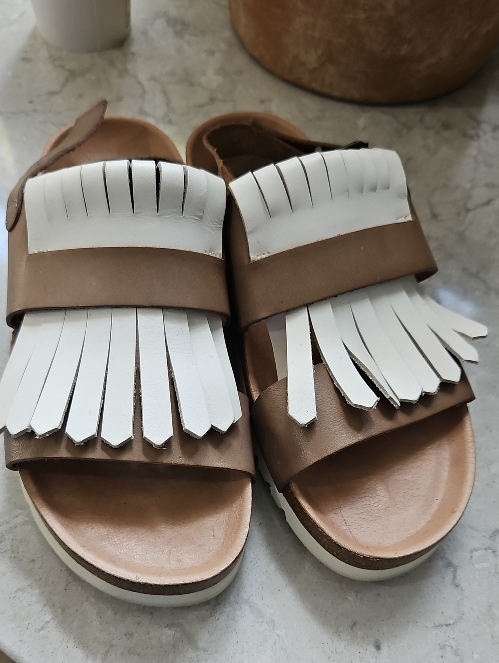 KMB Brown and White Fringe Slide Sandals - Women